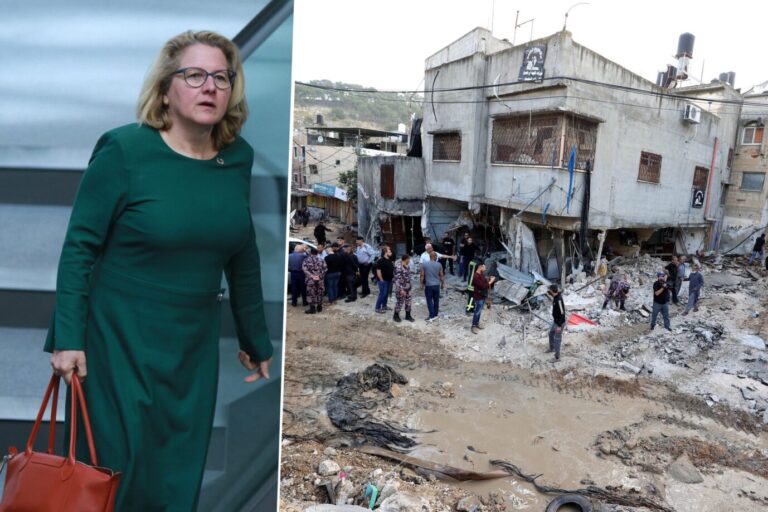 Das Bild ist eine Collage. Links ist Entwicklungsministerin Svenja Schulze von der SPD, die Teil der Bundesregierung ist. Rechts ist ein Foto vom Westjordanland zu sehen.