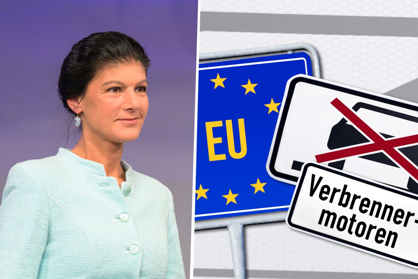Das Bild ist eine Montage und zeigt auf der linken Seite die deutsche Politikerin Sahra Wagenknecht. Rechts zu sehen ist ein EU-Schild und ein Schild mit durchgestrichenem Auto-Symbol. Es ist ein Symbolfoto für das Verkaufsverbot von Autos mit Verbrennungsmotor ab 2035 in der EU.