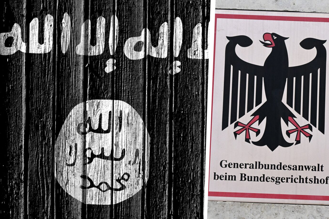 Auf dem Bild sieht man das Logo des Islamischen Staats (IS) und das Logo des Generalbundesanwalts. Der Generalbundesanwalt läßt ein Ehepaar aus dem Irak in Bayern verhaften, das für den IS aktiv gewesen sein soll. Die Vorwürfe gegen die Iraker zeugen von finstersten menschlichen Abgründen.
