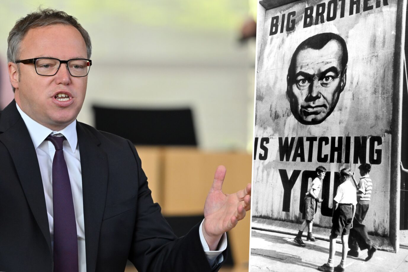 Das Bild ist eine Montage. Links ist der Thüringer CDU-Chef Mario Voigt zu sehen, rechts ein Bild aus der Verfilmung von „1984“. Voigt hat im Landtag eine drastische Einschränkung der Meinungsfreiheit im Internet vorgeschlagen.