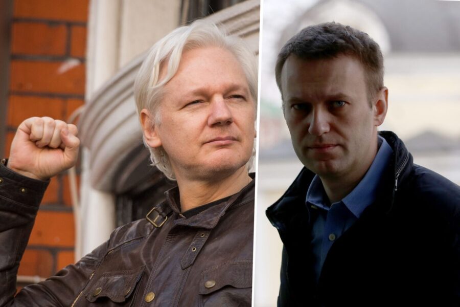 Julian Assange Auslieferung. Dateifoto vom 19.5.2017 von Julian Assange. Präsident Joe Biden sagte, dass die USA "erwägen", die strafrechtliche Verfolgung von Assange einzustellen, während die Unterstützer des WikiLeaks-Gründers den fünften Jahrestag seiner Inhaftierung in London begehen. Ausgabedatum: Donnerstag, 11. April 2024. Assange wird in den USA wegen einer angeblichen Verschwörung zur Beschaffung und Weitergabe von Informationen zur Landesverteidigung strafrechtlich verfolgt, nachdem er Hunderttausende von durchgesickerten Dokumenten zu den Kriegen in Afghanistan und im Irak veröffentlicht hat. Siehe PA-Artikel LEGAL Assange. Bildnachweis sollte lauten: Dominic Lipinski/PA Wire URN:75845830 Übersetzt mit DeepL.com (kostenlose Version). Auf dem anderen Bild ist Alexej Nawalny zu sehen.