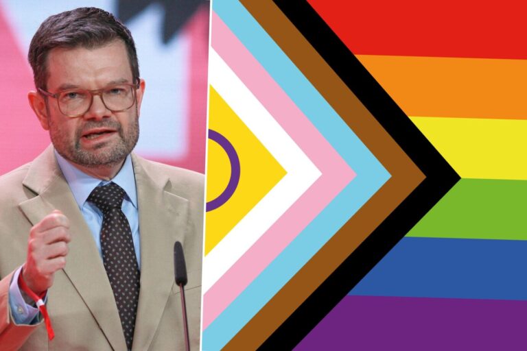 Das Bild ist eine Collage und zeigt links Bundesjustizminister Marco Buschmann von der FDP und rechts eine Trans-Pride-Flagge. Das Selbstbestimmungsgesetz wird aktuell leidenschaftlich diskutiert.