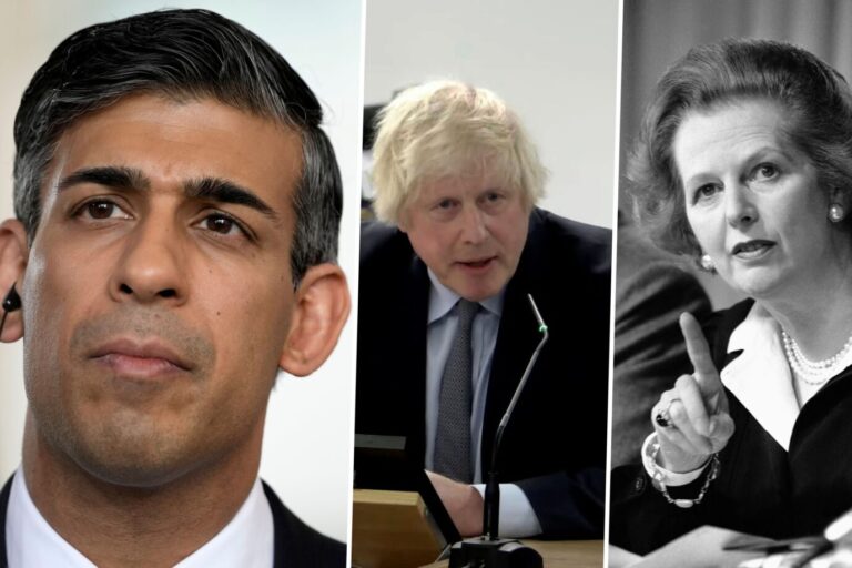 Das Bild ist eine Montage und zeigt von links nach rechts die britischen Politiker Rishi Sunak, Boris Johnson und Margaret Thatcher. Der Konservatismus hat auf der Insel derzeit einen schweren Stand.