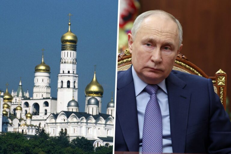 Rußlands Staatschef Wladimir Putin ist auf einer Collage neben dem Kreml zu sehen.
