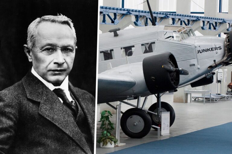 Der Ingenieur und Unternehmer Hugo Junkers ist als Bildcollage zu sehen neben einem Flugzeug seines Unternehmens.