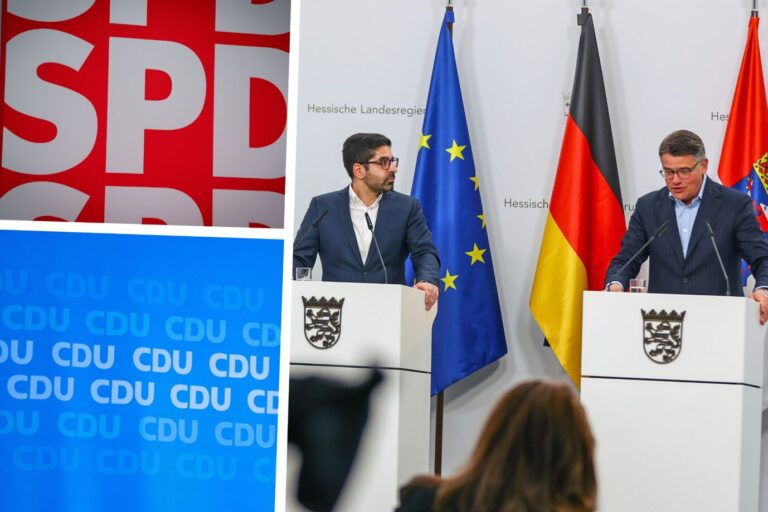 Ministerpräsident Boris Rhein (CDU) und Wirtschaftsminister Kaweh Mansoori (SPD) bei einer Pressekonferenz