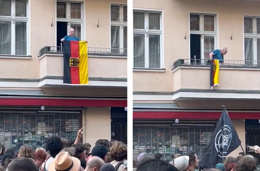 Mit Böller angegriffen: Der Renter, der während der 1. Mai-Demo auf seinem Balkon die Deutschlandfahne zeigte.