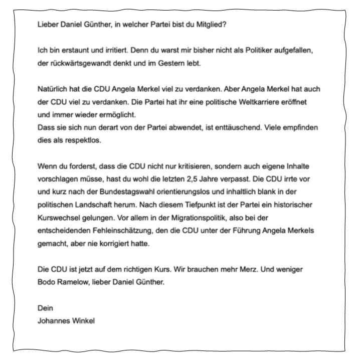 Der Brandbrief des JU-Chefs Johannes Winkel an Daniel Günther: Repro: JF