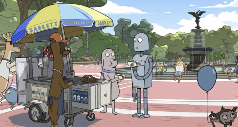 Ein Roboter und ein Hund essen HotDogs an einem Imbissstand. Eine Szene aus dem Film „Robot Dreams“ von Pablo Berger. Utopia
