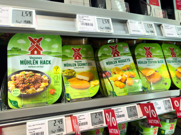 Auf dem Foto befinden sich vegane Produkte der Rügenwalder Mühle in einem REWE-Supermarkt. (Themenbild)