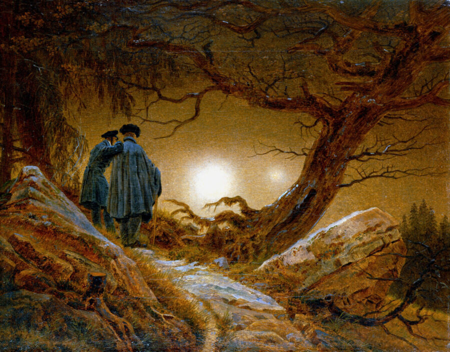 "Zwei Männer in Betrachtung des Mondes" (1819/1820) von Caspar David Friedrich. Die deutsche Romantik war nicht bloß eine Zeit aufblühender Kunst und Philosphie, sondern auch patriotisch