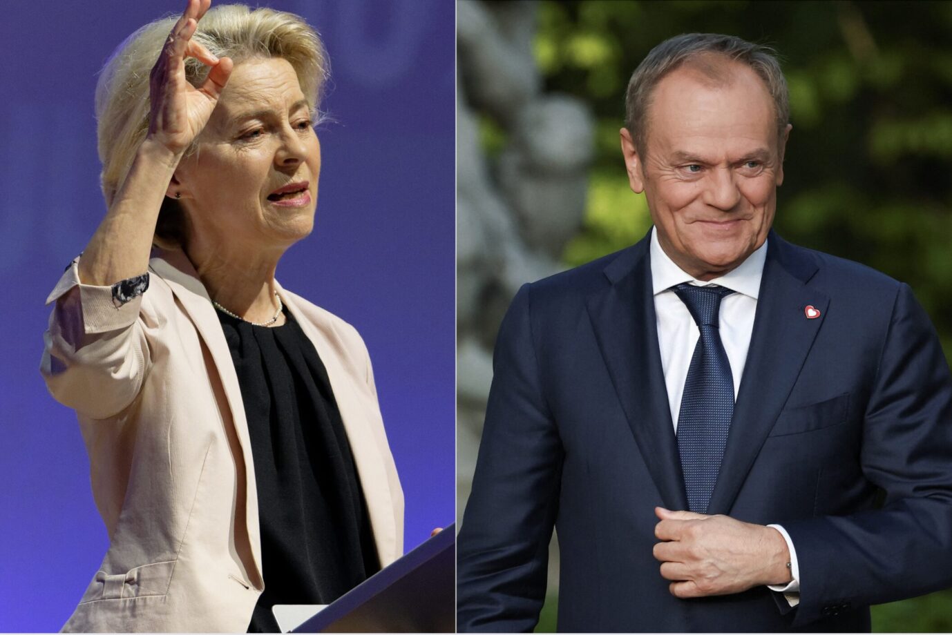 Ursula von der Leyen hebt den rechten Arm und Donald Tusk grinst verchmitzt. Die EU-Kommission ermittelt nun nicht weiter gegen Polen.