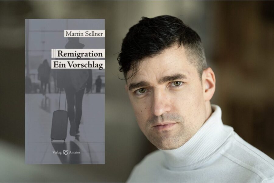 Der Kopf der Identitären Bewegung Österreich, Martin Sellner, trägt einen weißen Rollkragenpullover und schaut in die Kamera. Neben ihm: Sein Buch „Remigration. EIn Vorschlag“