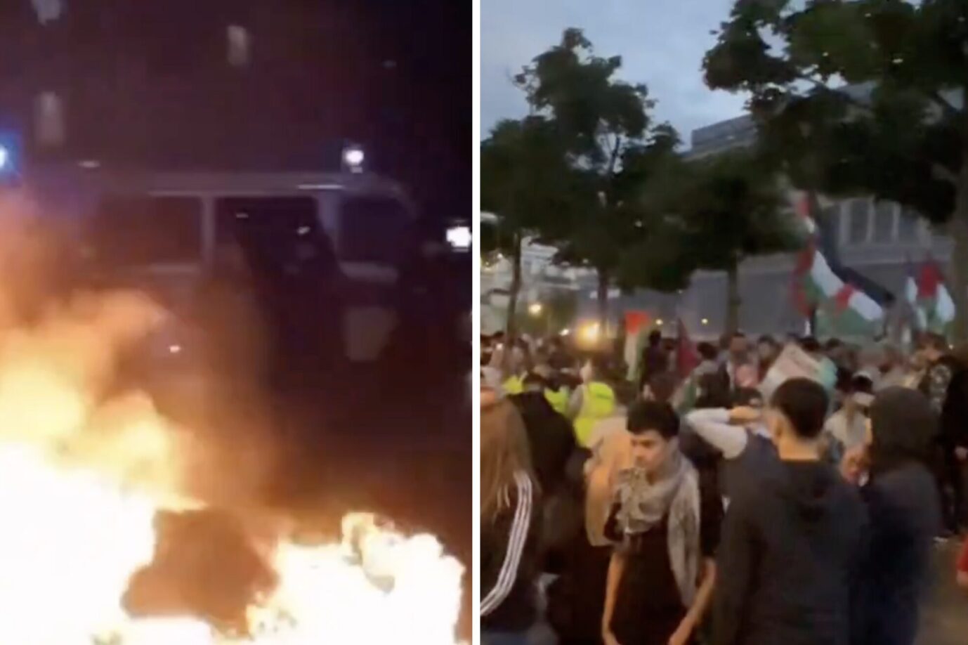 Brennende Mülltonnen in Neukölln (links), Demonstranten schwenken Palästina-Fahnen (rechts)
