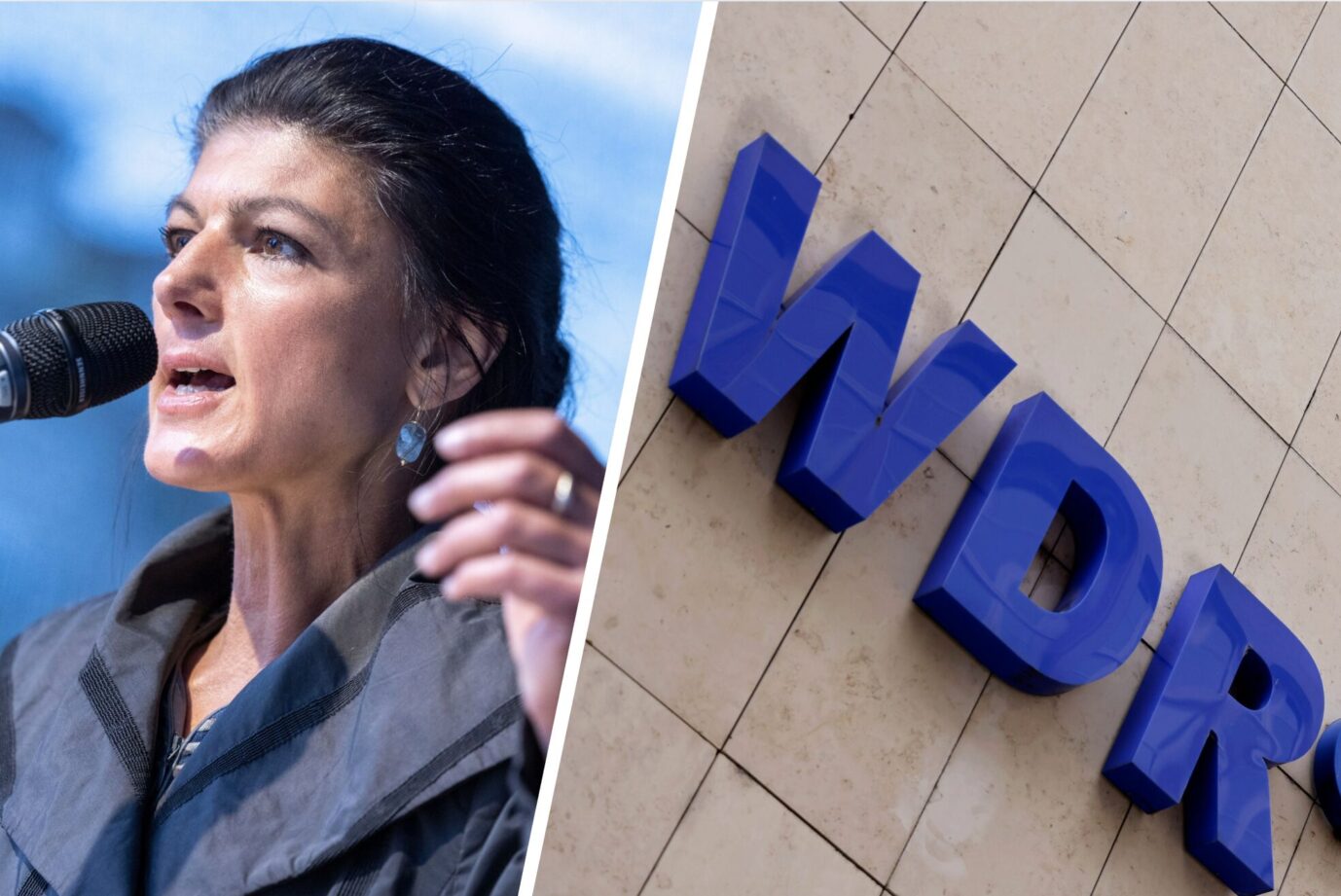 Die Vorsitzende des BSW, Sahra Wagenknecht, spricht in ein Mikrofon, daneben das blaue Logo des WDR