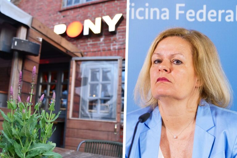 Das Bild ist eine Montage. Links im Bild ist die „Pony Bar“ auf Sylt und rechts im Bild ist Bundesinnenministerin Nancy Faeser von der SPD.