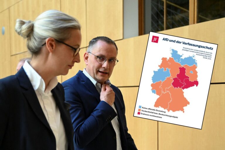 Alternative for Germany (AfD) party co-leaders Alice Weidel and Tino Chrupalla are pictured after the end of the press statement after a court finds AfD pursues goals 'against democracy', in Berlin, Germany May 13, 2024. REUTERS/Annegret Hilse