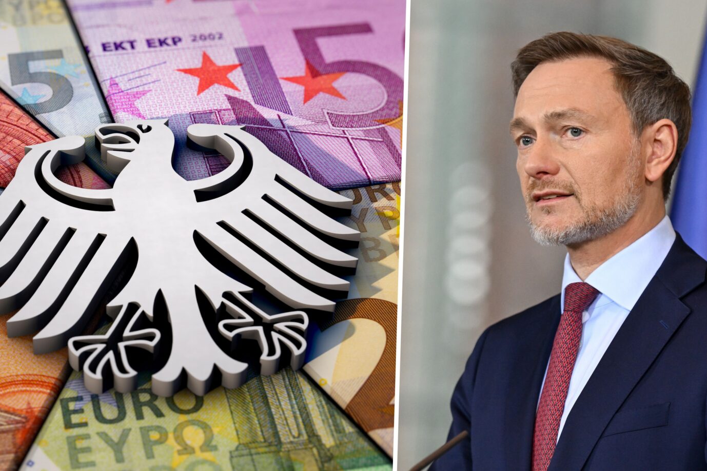 Das Bild ist eine Montage. Links ist als Symbolbild für die Schuldenbremse der Bundesadler vor mehreren Euro-Scheinen zu sehen. Rechts ist Bundesfinanzminister Christian Lindner von der FDP.