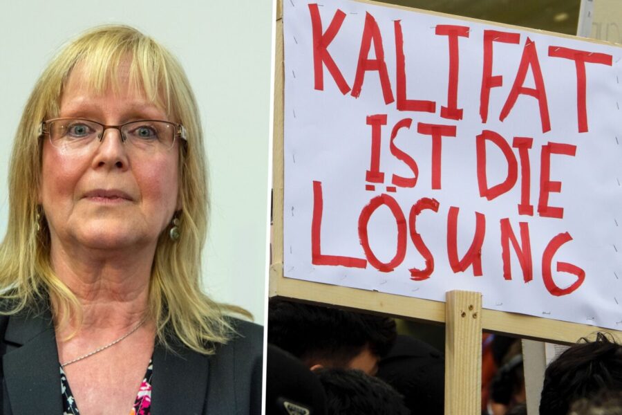 Das Bild ist eine Montage und zeigt links die Islamkritikerin Susanne Schröter und rechts ein Schild von der Kalifats-Demonstration in Hamburg von vor etwa einer Woche. Schröter macht auch die Bundesregierung für die steigende Gefahr durch Islamisten verantwortlich.