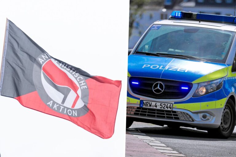 Das Bild ist eine Collage. Links ist eine Fahne der Antifa zu sehen und rechts ein Auto der Polizei. Am Montag wurde ein mutmaßliches Mitglied der Hammerbande verhaftet.