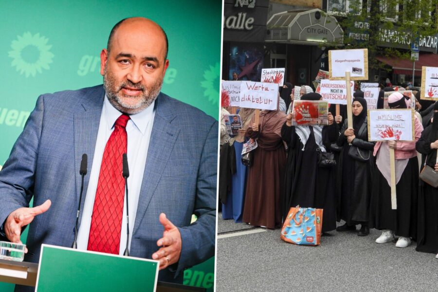 Das Bild ist eine Montage. Links ist der Bundesvorsitzende der Grünen, Omid Nouripour, zu sehen. Rechts ist die Islamisten-Demontration aus Hamburg abgebildet, bei der ein Kalifat gefordert wurde.