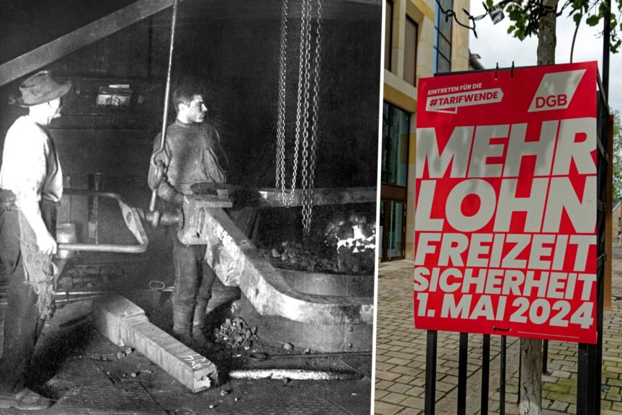 Das Bild ist eine Montage. Links sind Stahlarbeiter in Berlin im Jahr 1915 zu sehen. Links ist ein Plakat des DGB, der für kürzere Arbeitszeiten und mehr Lohn wirbt.