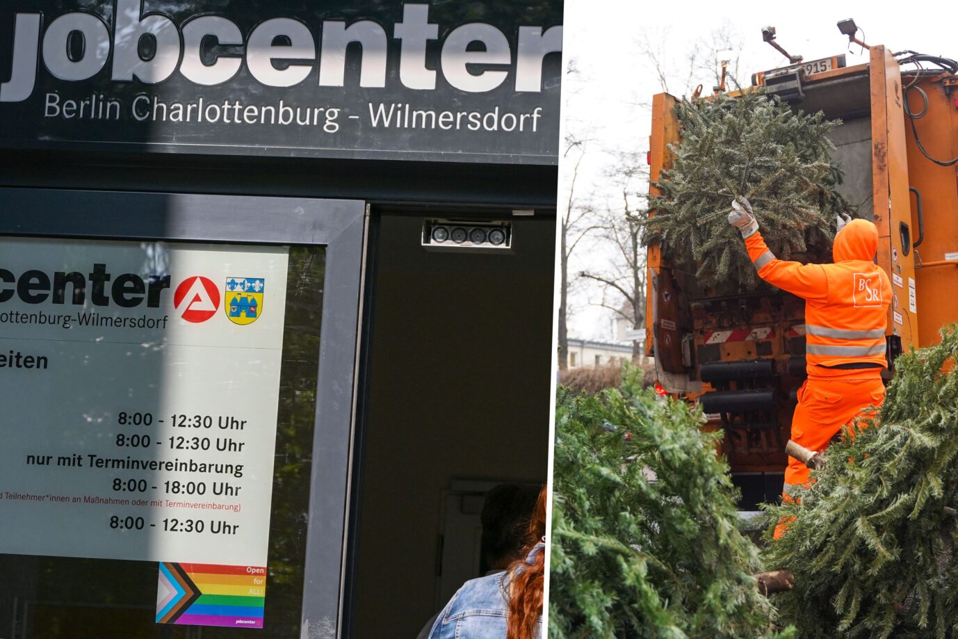 Das Bild ist eine Montage. Links ist der Eingang eines Jobcenters zu sehen und rechts Angestellte der Berliner Stadtreinigung. Arbeit lohnt sich kaum noch in Zeiten des Bürgergelds, beklagen Kritiker.