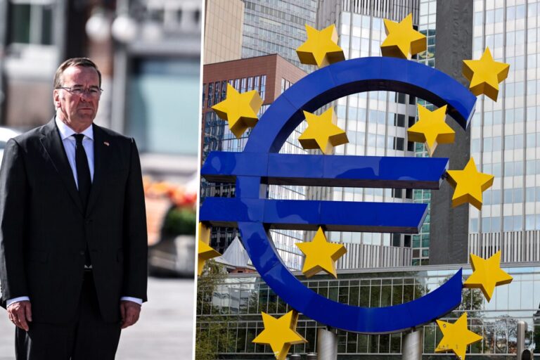 Bundesverteidigungsminister Boris Pistorius von der SPD ist auf der linken Seite des Bildes zu sehen. Rechts ist Die Euro-Skulptur ist ein Kunstwerk von Ottmar Hörl zu sehen. Es steht vor dem Eurotower im Bankenviertel in Frankfurt am Main. Besorgte Ökonomen sehen Deutschland auf dem Weg in die Kriegswirtschaft.
