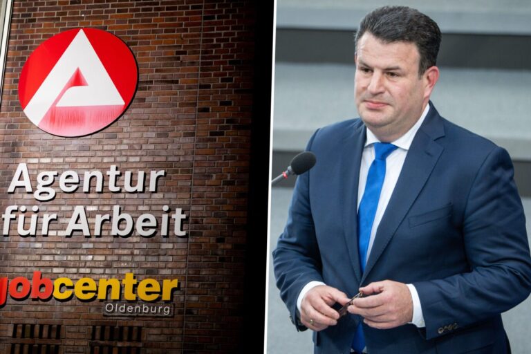 Das Bild ist eine Montage. Links ist der Eingang eines Jobcenters zu sehen, rechts Hubertus Heil von der SPD. Das Bürgergeld ist aktuell Gegenstand vieler Debatten.