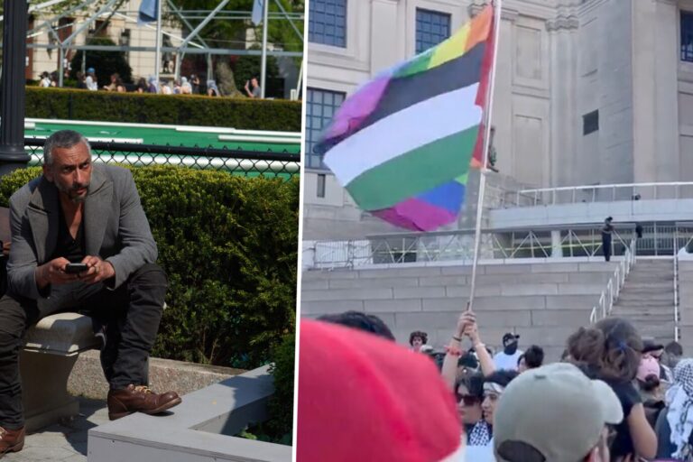 Das Bild ist eine Montage. Links zu sehen: 29. April 2024, New York, New York, USA: Mohamed Abdou, Professor an der Columbia University, der offen seine Unterstützung für die Hamas bekundet hat und nach einer Kongressanhörung mit Columbia-Präsident Minouche Shafik vom Campus suspendiert worden sein soll, wird mit Studenten auf dem Campus vor dem Pro-Palästina-Protestcamp gesehen. Rechts sieht man eine Palästinafahne, die mit einer Regenbogenfahne kombiniert ist. Die Intifada hat westliche Universitäten erreicht