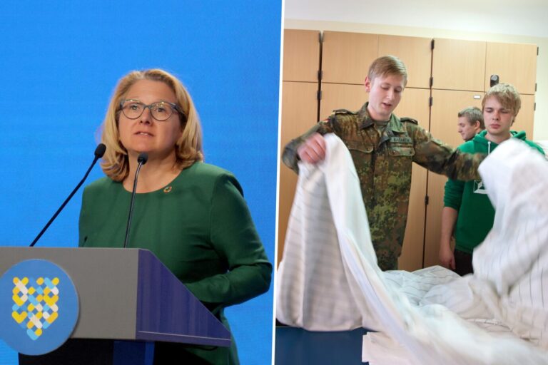 Das Bild ist eine Montage. Links zu sehen ist Entwicklungsministerin Svenja Schulze von der SPD. Rechts zu sehen ist die Bundeswehr beim Betten beziehen. Die Bundesregierung hat heute neue Leitlinien für den staatlichen Kauf von Textilien vorgestellt.
