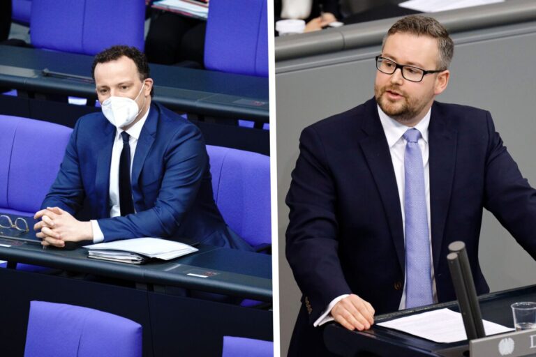 Jens Spahn (CDU), Bundesminister für Gesundheit, nimmt an der Sitzung des Bundestags mit der Befragung der Bundesregierung teil. Sebastian Münzenmaier in der 209. Sitzung des Deutschen Bundestages im Reichstagsgebäude. Ex-Gesundheitsminister Jens Spahn (CDU, l) und AfD-Bundestagsabgeordnete Sebastian Münzenmaier im Bundestag: Der Abgeordnete informierte sich über den Stand der Masken-Verfahren Foto: picture alliance/dpa | Kay Nietfeld picture alliance / Geisler-Fotopress | Christoph Hardt/Geisler-Fotopres / JF-Montage