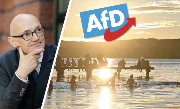 Insa Chef Hermann Binkert links, ein Afd-Logo und Jugendliche an einem bayerischen See.
