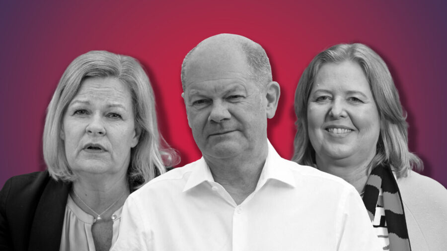 Nancy Faeser, Olaf Scholz und Bärbel Bas sind auf einer Grafik, die sich mit dem Video aus Sylt beschäftigt.