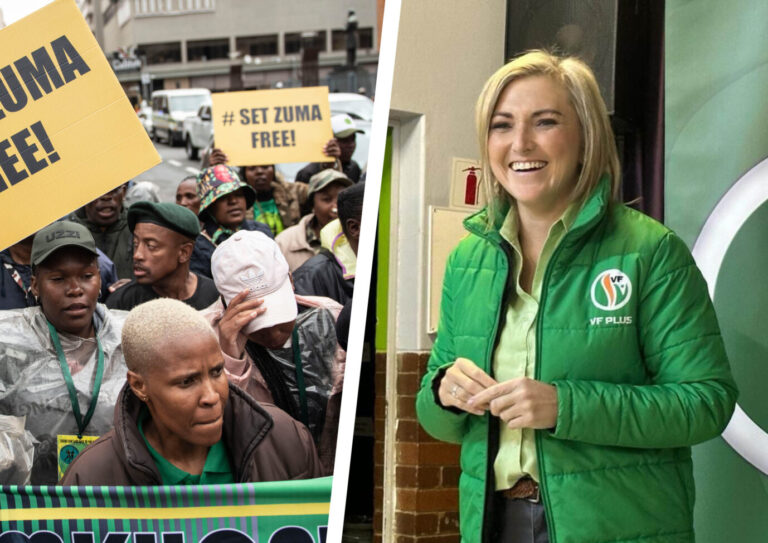 Auf der Collage befindet sich ein Protest in Südafrika, dessen Teilnehmer Anhänger des wegen Korruption verurteilten Präsidenten Jacob Zuma sind. Rechts in der Collage befindet sich Tammy Breedt von der Freiheitsfront Plus. (Themenbild)