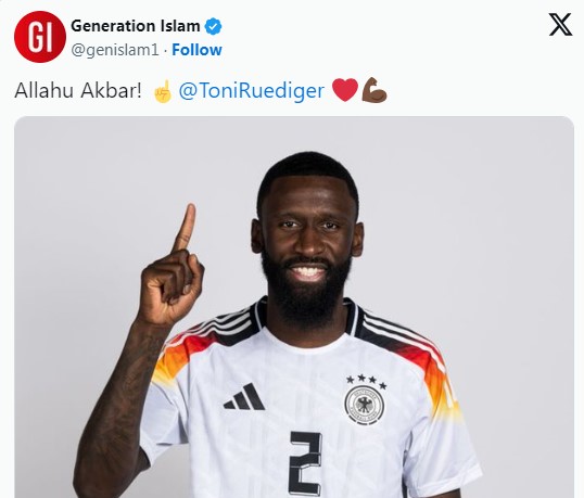Das Foto des Nationalspielers Antonio Rüdiger auf der X-Seite der radikalen „Generation Islam“. Foto: Screenshot JF