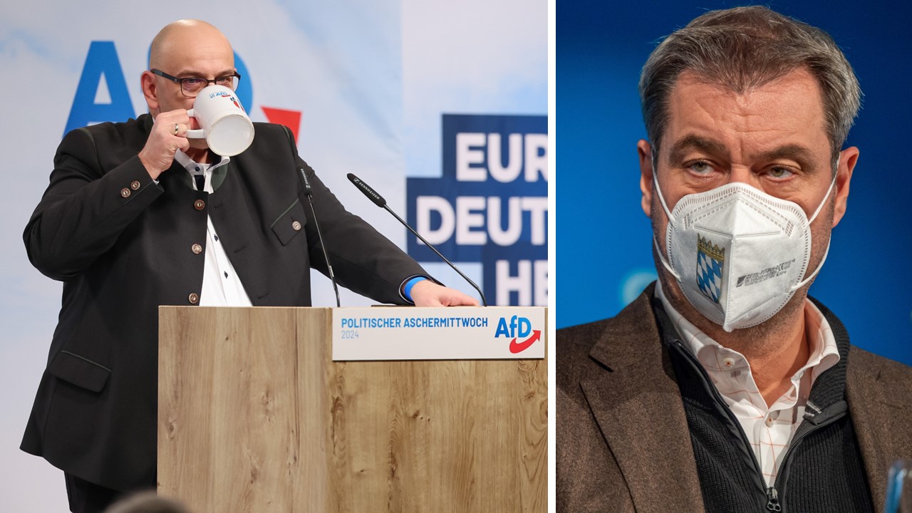 Bayerns AfD-Chef Stephan Protschka beim Politischen Aschermittwoch 2024 und Ministerpräsident Markus Söder, der für harte Grundrechtseinschränkungen in der Corona-Zeit stand.
