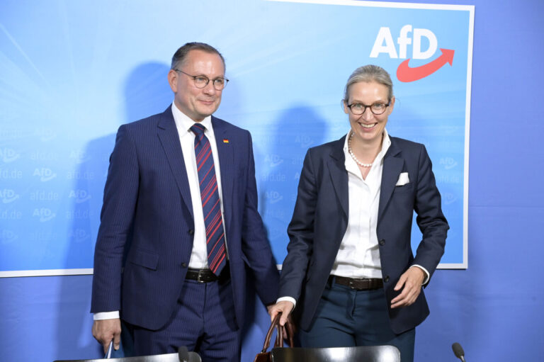Mitgliederzuwachs: Erwarten demnächst das 50.000 Mitglied: Die AfD-Bundessprecher Tino Chrupalla und Alice Weidel.