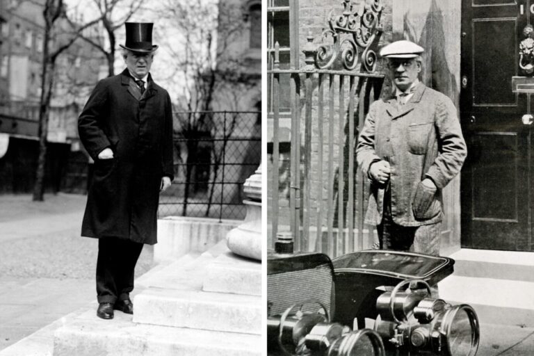 Herbert Henry Asquith mit Zylinder und Mantel (links) und beim Verlassen seines Hauses in 10 Downing Street, London