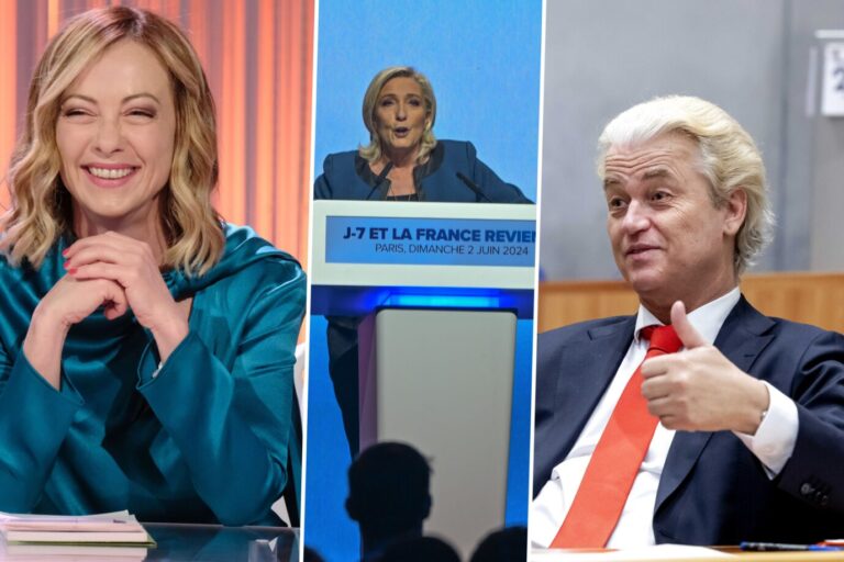 Das Bild ist eine Montage aus drei Fotos. Links ist die Chefin der Fratelli d´Italia, Giorgia Meloni, in der Mitte ist die Chefin vom Rassemblement National, Marine Le Pen und rechts ist der VVD-Chef Geert Wilders. Linke und Liberale fürchten einen Rechtsruck bei der EU-Wahl.