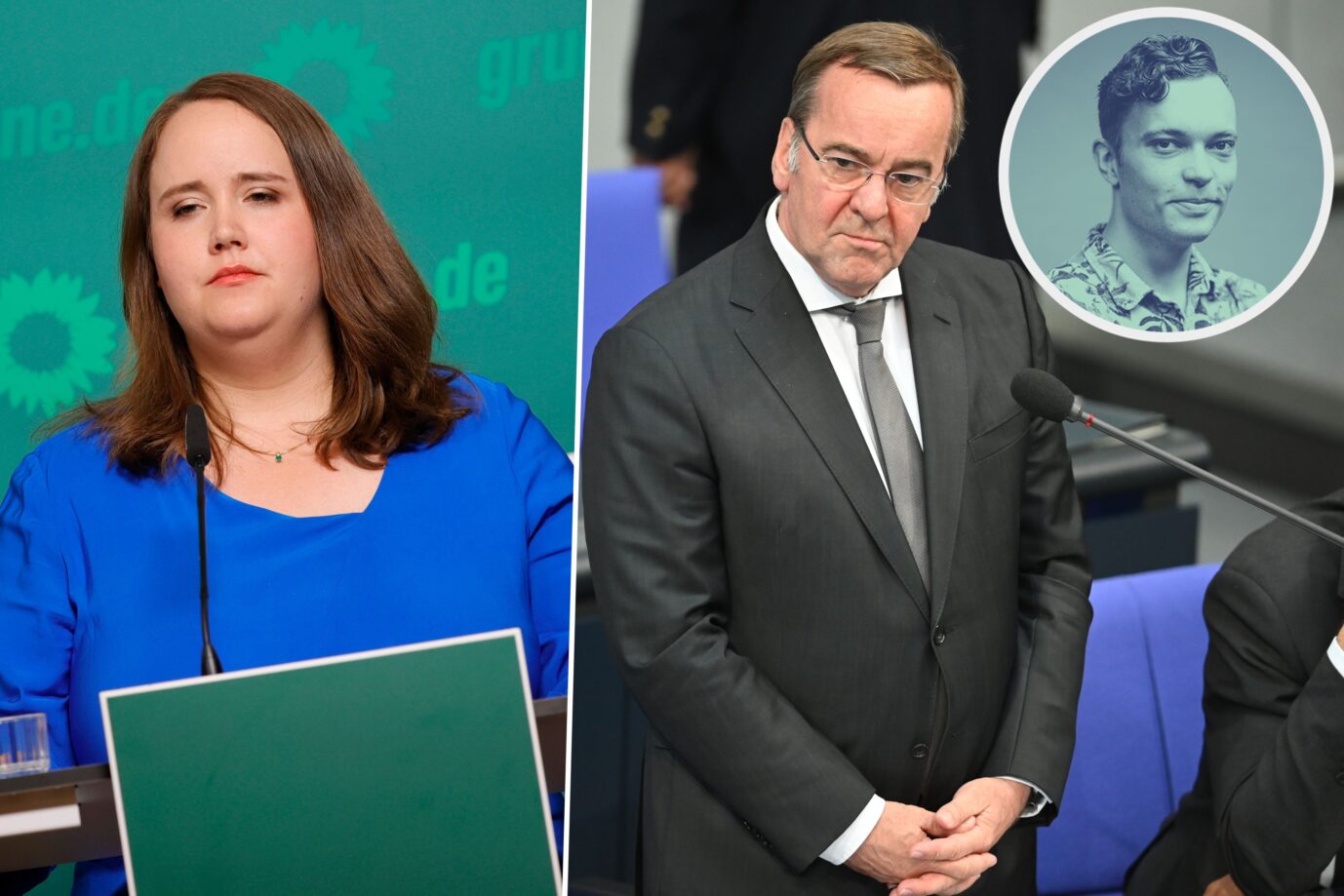 Das Bild ist eine Montage aus zwei Fotos. Links ist die Grünen-Chefin Ricarda Lang zu sehen, rechts der Verteidigungsminister Boris Pistorius von der SPD.