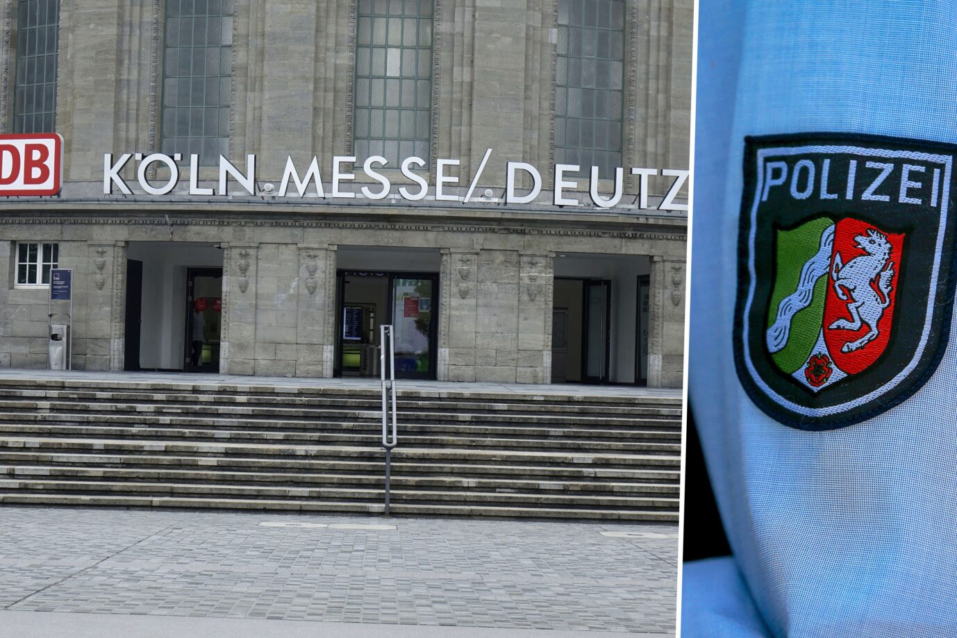 Das Bild ist eine Montage aus zwei Fotos. Links zu sehen ist der Bahnhof Köln Messe/Deutz. Rechts im Bild ist eine Polizeiuniform aus Nordrhein-Westfalen. Die Bundespolizei hat am Samstag zwei junge algerische Taschendiebe dort aufgegriffen.