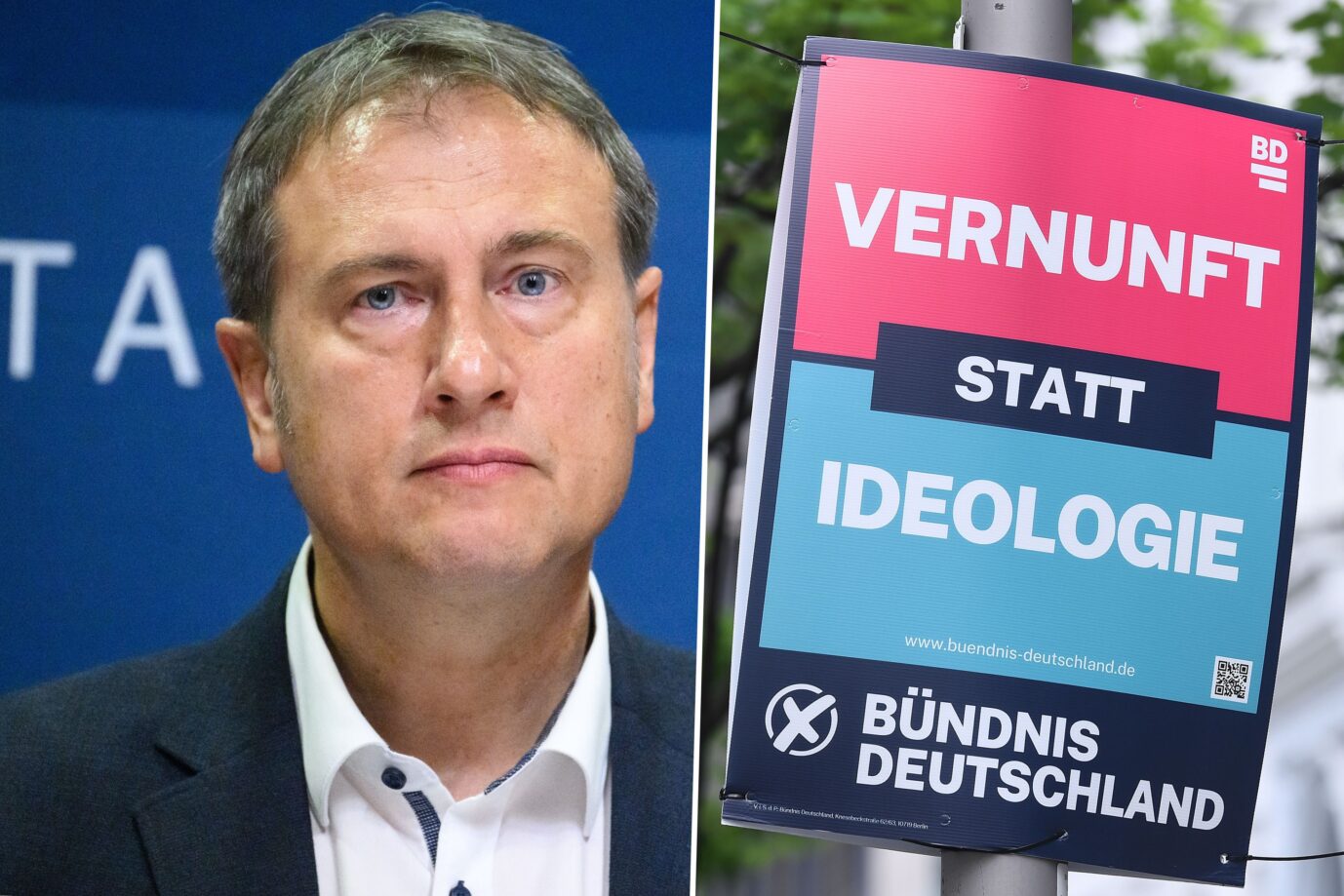 Das Bild ist eine Montage aus zwei Fotos. Links zu sehen ist der Parteichef vom Bündnis Deutschland, Steffen Große. Rechts zu sehen ist ein Wahlplakat der Partei.