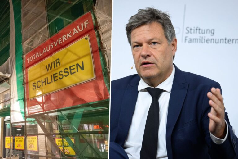 Das Bild ist eine Montage aus zwei Fotos. Links zu sehen ist ein Laden mit einem Schild, das „Wir schließen“ sagt. Rechts ist der Wirtschaftsminister von Deutschland, Robert Habeck von den Grünen.