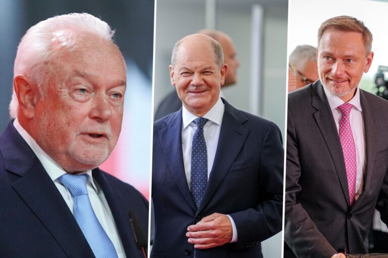 Das Bild ist eine Montage aus drei Fotos. Links zu sehen ist der FDP-Vizevorsitzende Wolfgang Kubicki, in der Mitte ist Bundeskanzler Olaf Scholz von der SPD und rechts ist Finanzminister Christian Lindner von der FDP. Der Haushalts-Streit um die Schuldenbremse spaltet aktuell die Regierung.