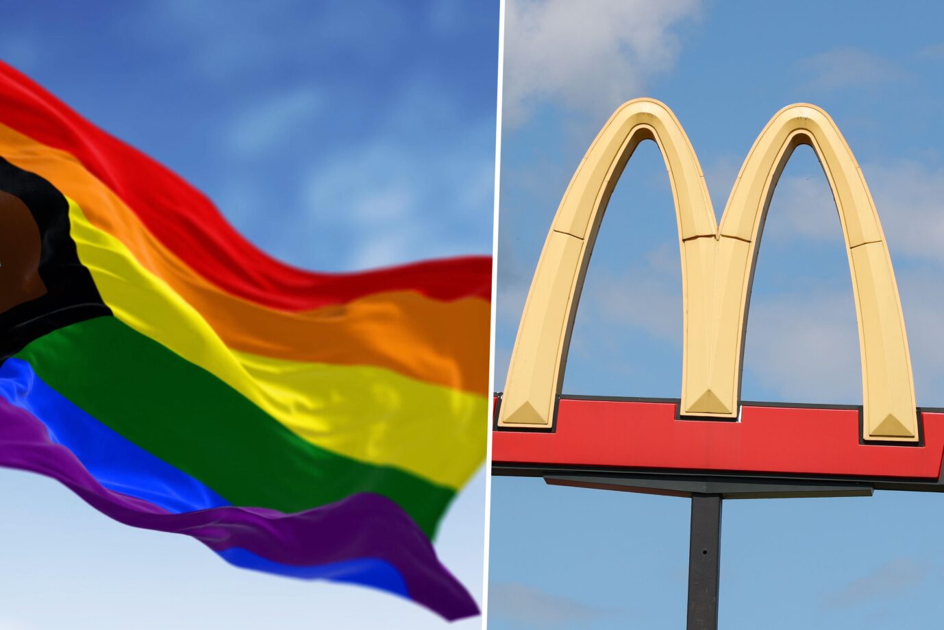 Das Bild ist eine Montage aus zwei Fotos. Links zu sehen ist die Regenbogenfahne. Rechts zu sehen ist das Logo von Mc Donald´s.