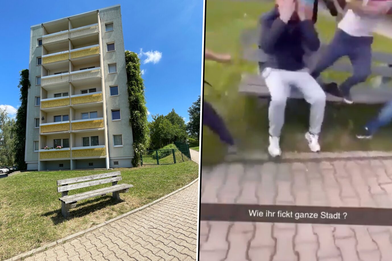 Das Bild ist eine Montage aus zwei Bildern. Linkst ist ein Plattenbau in Gera. Rechts ein Gewalt-Video aus der selben Stadt.