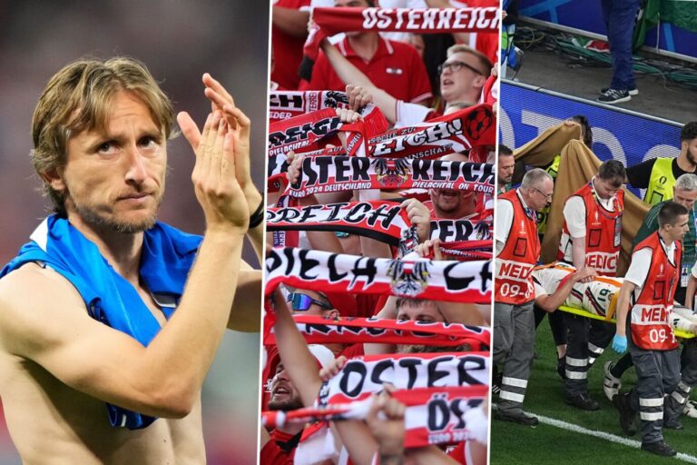 Das Bild ist eine Montage aus drei Fotos. Links zu sehen ist Luka Modrić, in der Mitte sind österreichische Fußballfans und rechts ist der verletzte Barnabas Vargas von Ungarn.