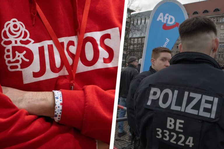 Die Zähne will ein SPD-Nachwuchspolitiker AfDlern ausschlagen: Polizisten bewachen eine Veranstaltung der Partei Montage: picture alliance / ZUMAPRESS.com | Michael Kuenne/ picture alliance/dpa | Marijan Murat