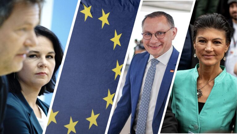 Montage zur Europawahl 2024 mit Annalena Baerboch, Tino Chrupalla und Sahra Wagenknecht